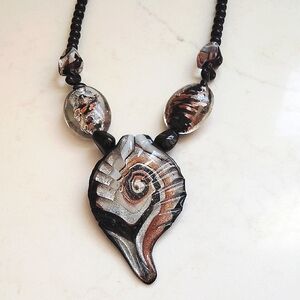 Elegant Murano Art Glass Black, Silver and Copper Colored Necklace